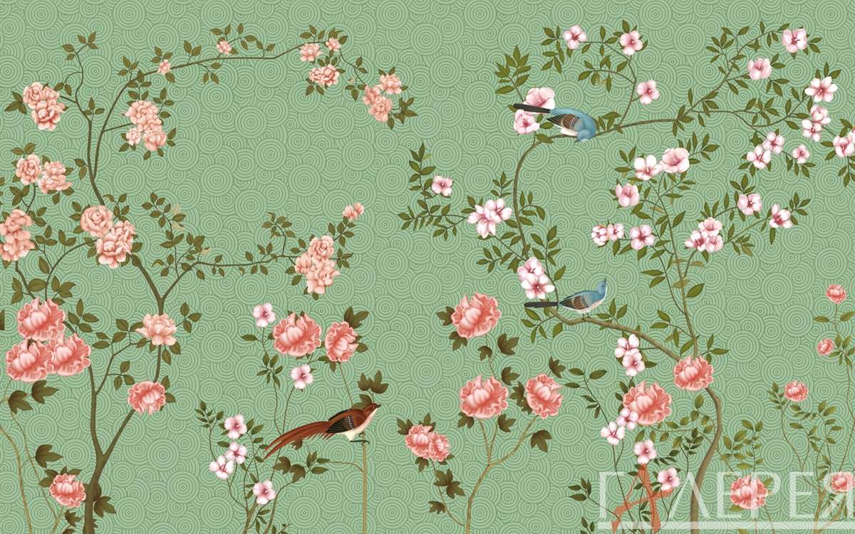 Шинуазри, Сакура, ветка с цветами, птицы