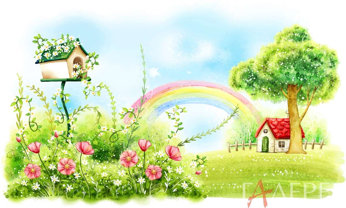 небо, трава, радуга, дом, дерево, цветы, скворечник