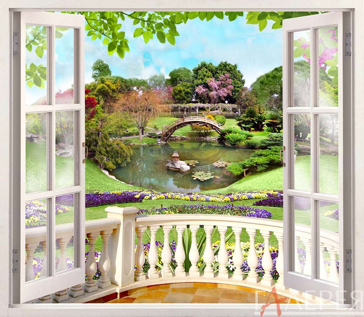 Окна, вид из окна, балкон, сад, озеро, мост
