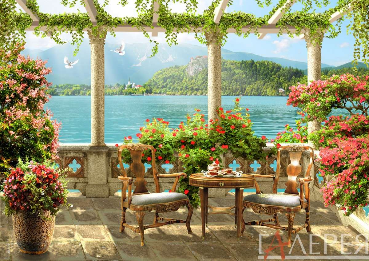 балкон, кресла, столик, вид на море, арки, колонны, голуби, вазон, цветы, плющ