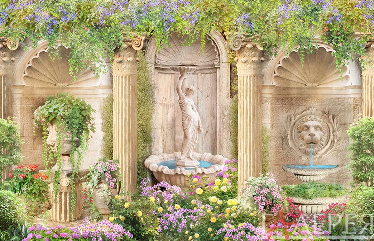 Классический пейзаж, арка, барельеф тигра, статуя женщины, ваза, цветы, фонтан, фреска