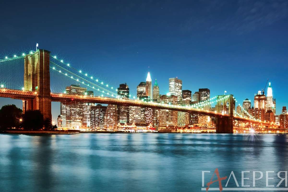 Мосты, мост, ночной город, здания, водоём, Бруклинский мост