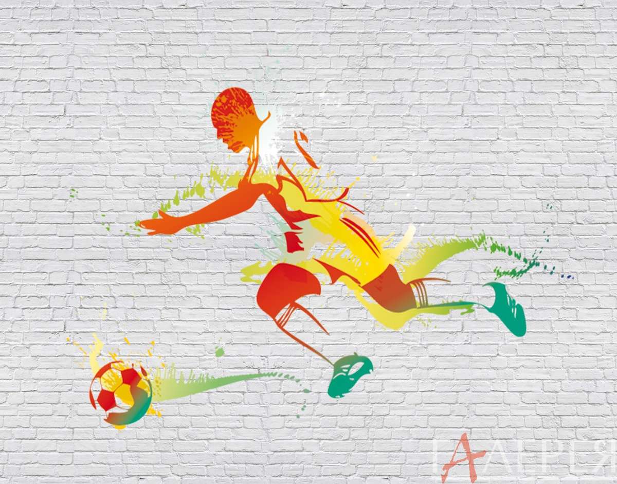 Детские, тинейджеры, кирпичная стена, футбол, рисунок, граффити, футболист, мяч, футбольный мяч, футболист с мячом, белая стена
