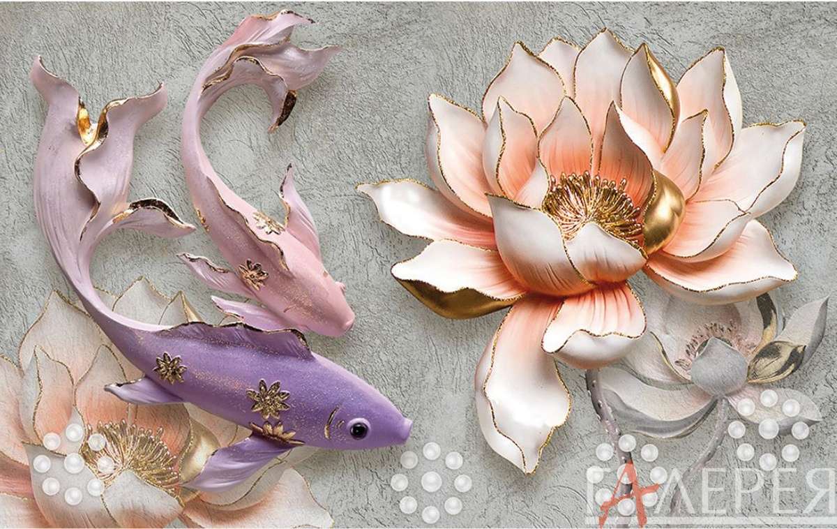 3D обои, цветы, рыбки, лотос, 3d