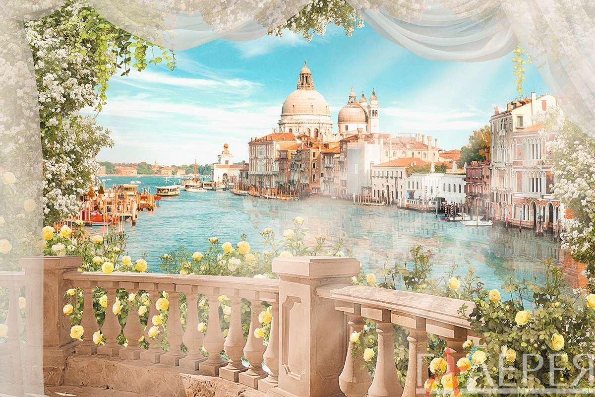 Фреска, Италия, Венеция, лодки, море, перила, цветы, розы, архитектура, река