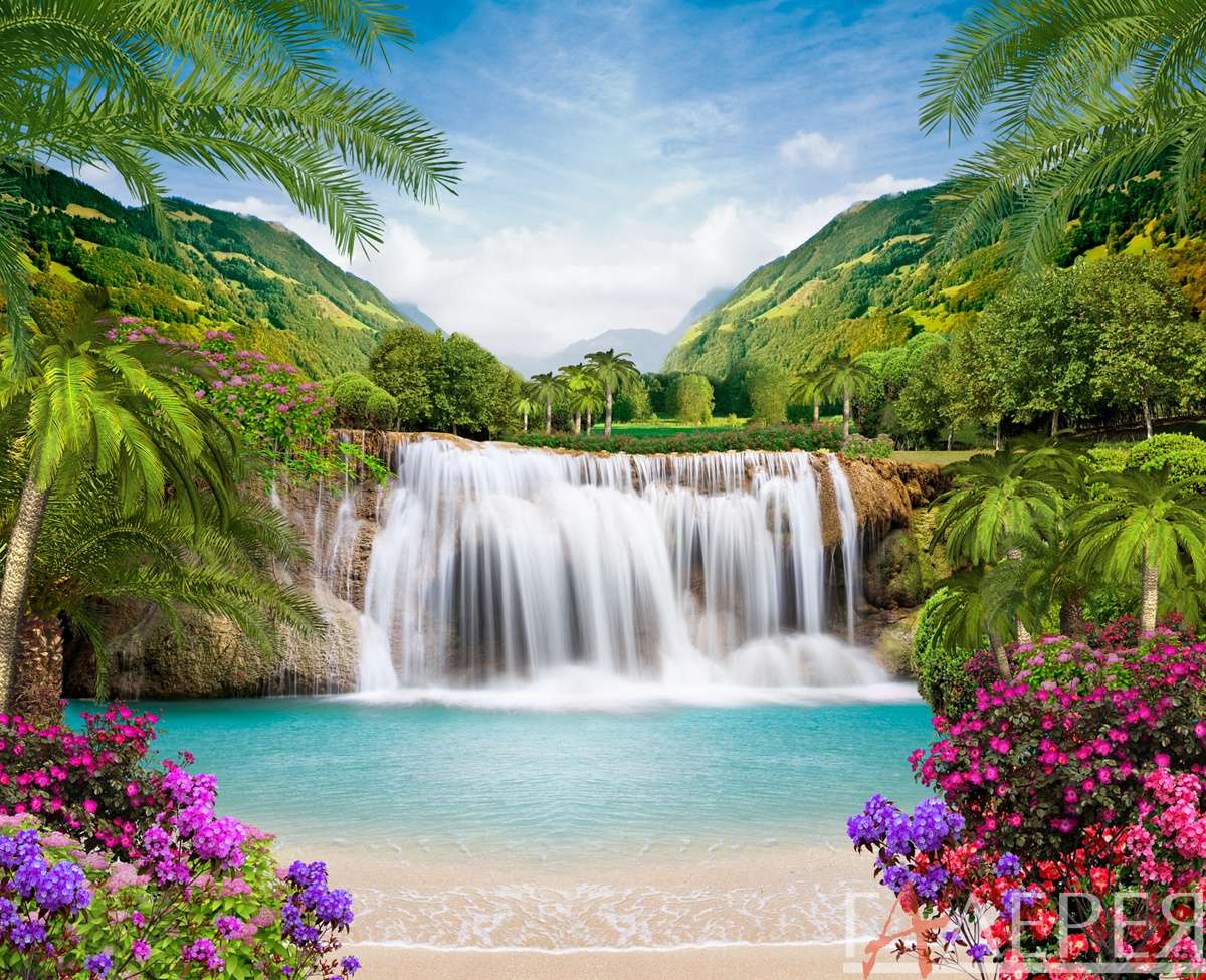 Природа, Водопады, небо, водопад, цветы, пальмы, горы, Тропики, Водопад, Залив, Цветы, Пальмы, Горы