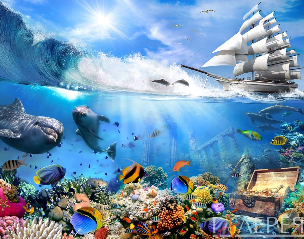 Детские, тинейджеры, море, парусник, яхта, волна, дельфины, дельфин, рыбки, кораллы, сундук с сокровищами, сундук, сокровища, подводный мир