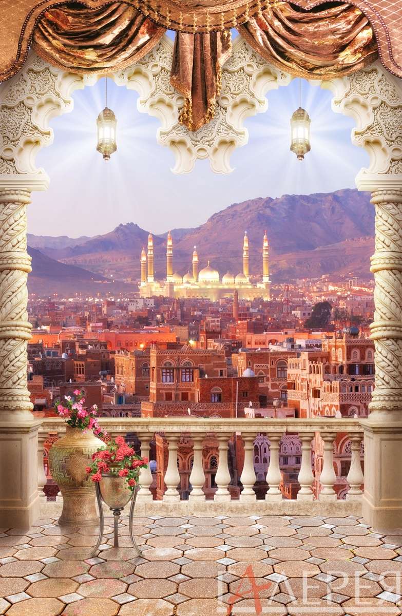 балкон, арка, колонна, колонны, вид на город, вид на мечеть, вечерний город, мечеть, резная арка