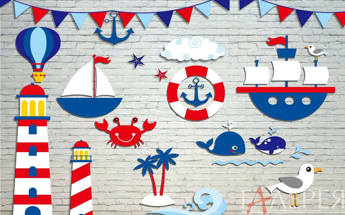 Кораблики, маяк, морская тема, киты, штурвал, якорь, на кирпичной стене