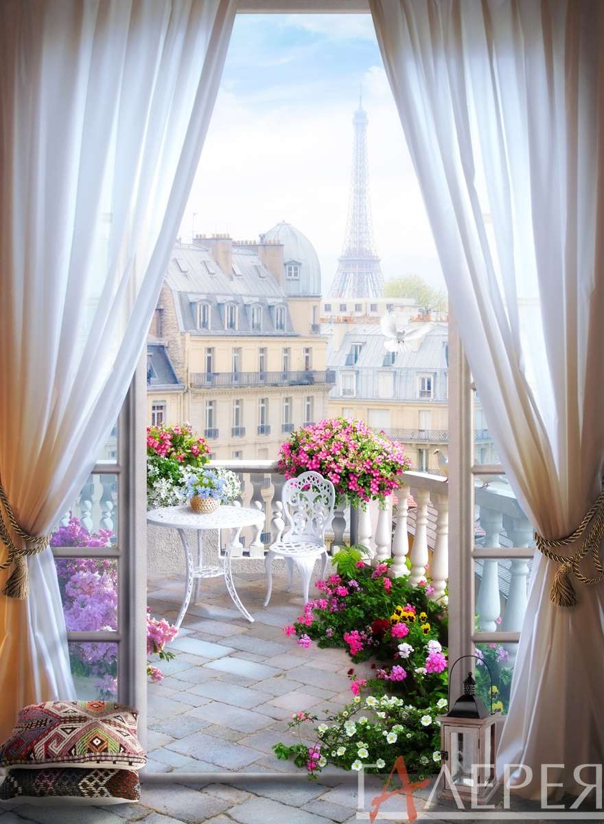 Париж, Эйфелева башня, балкон, занавески, тюль, шторы, стол, стулья