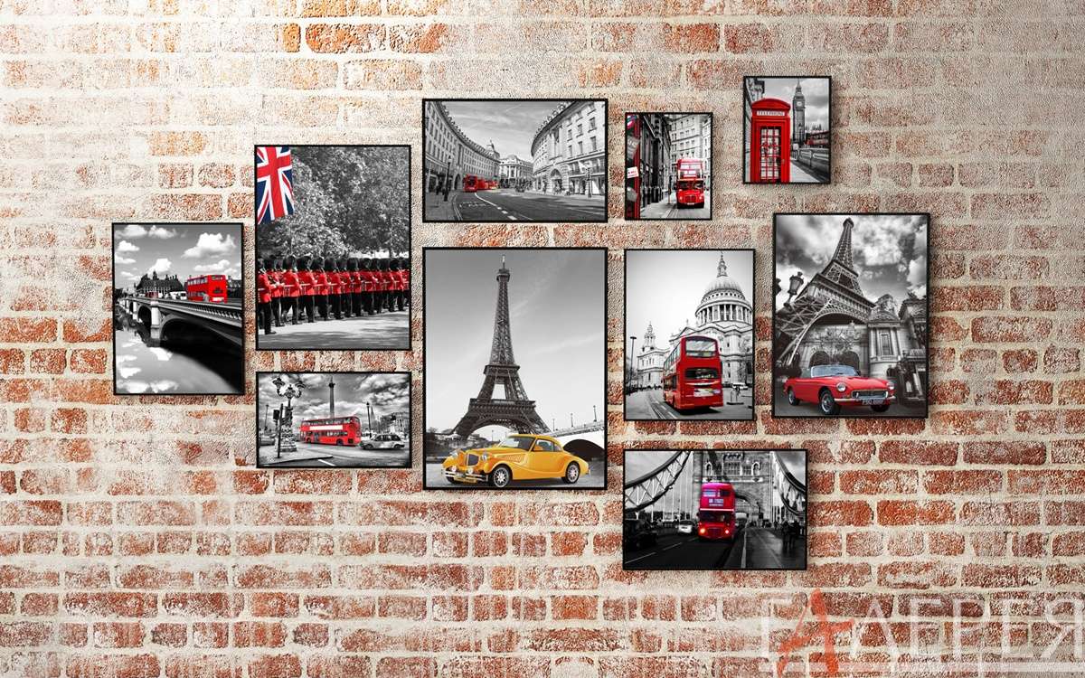 Модерн Лондон, БигБэн, Париж, Эйфелева башня, кирпичная стена автобус