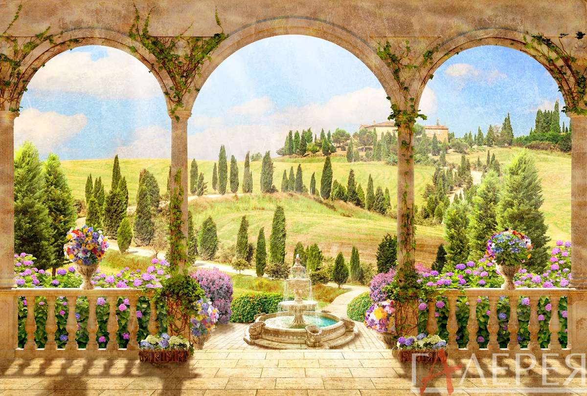 Арки, 3 арки, три арки, фонтан, выход в сад, сиреневые цветы