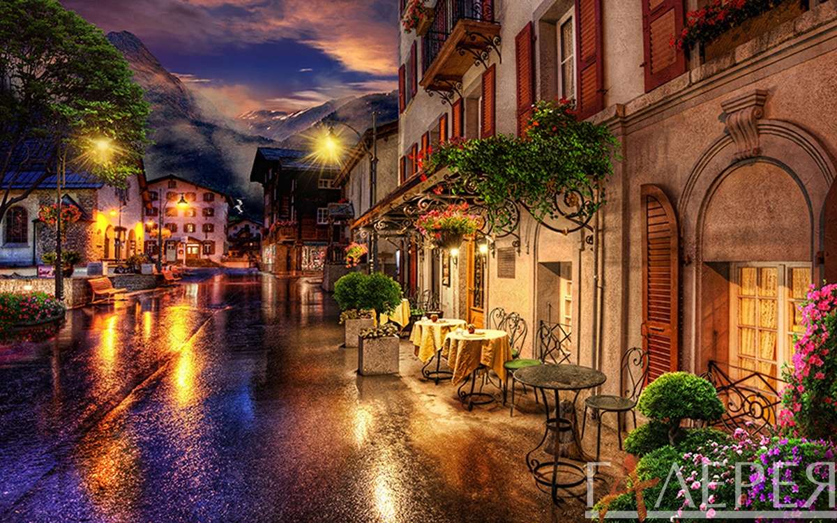 Улочки, ночная улица, ночной город, столики, стулья, кафе, фонари, мокрый, после дождя