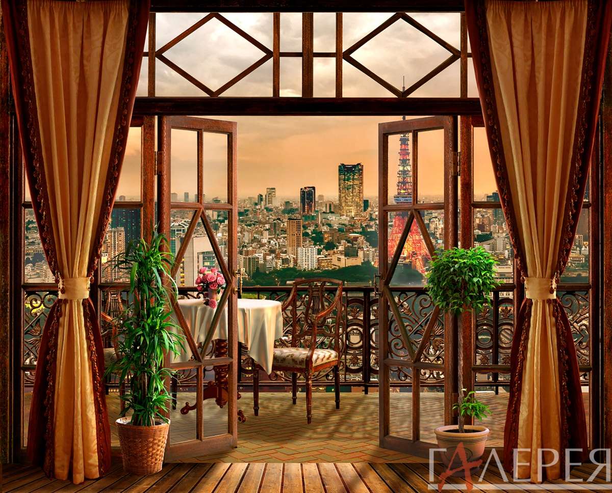 Окна, балкон, вид на Париж, занавески