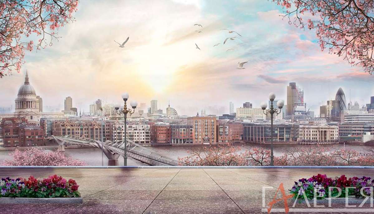 Лондон, Набережная, утро, фонари, мост, голуби, чайки, вид на город