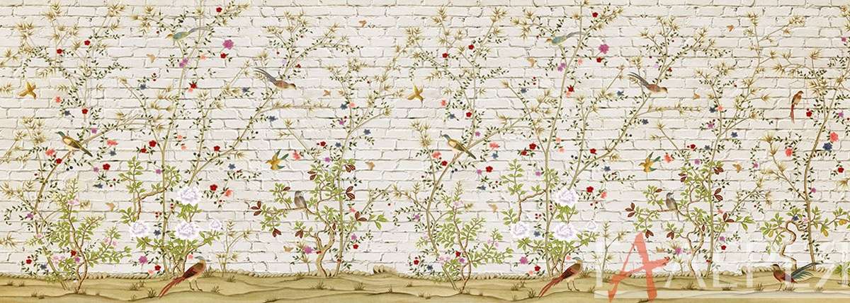 Шинуазри, кирпичная стена кирпич, кусты, авкарель, ветки, цветы, птицы
