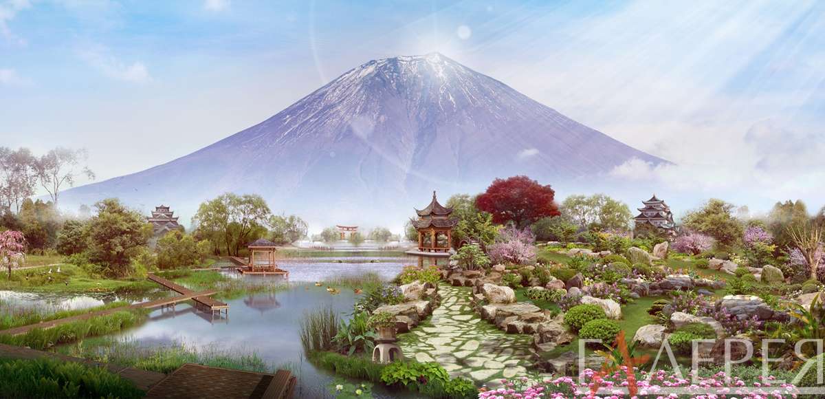 Япония, Фудзияма, сад камней, японский сад, речка, пагода, клумба, мостик