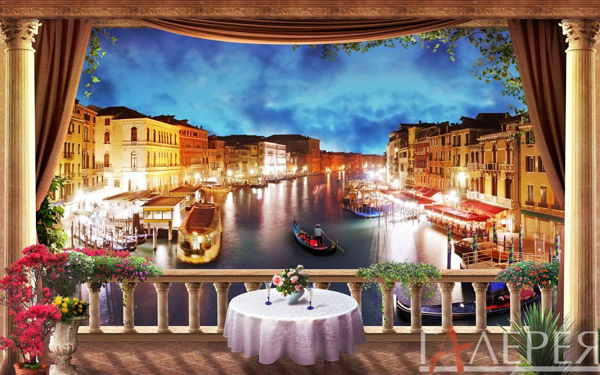 Вид с балкона, канал в Венеции, ночной канал